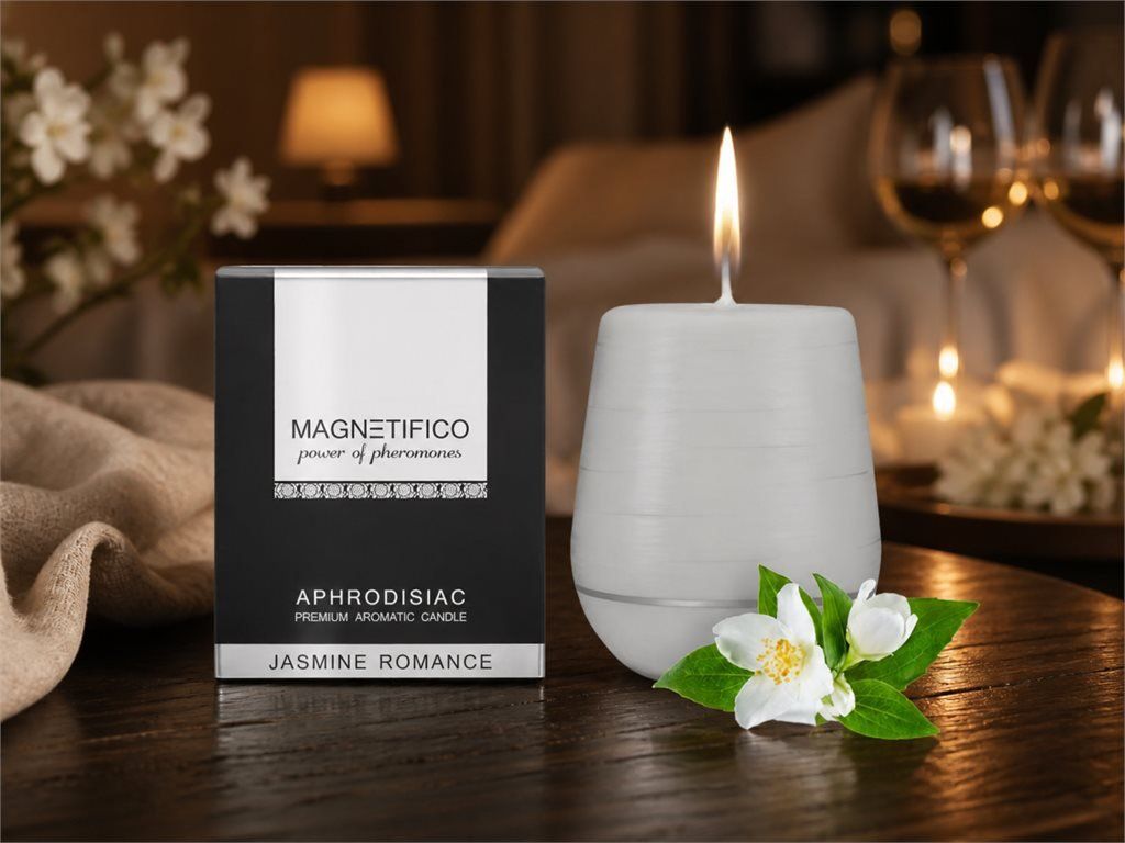 Afrodiziakální svíčka Magnetifico Jasmine Romance při romantickém večeru