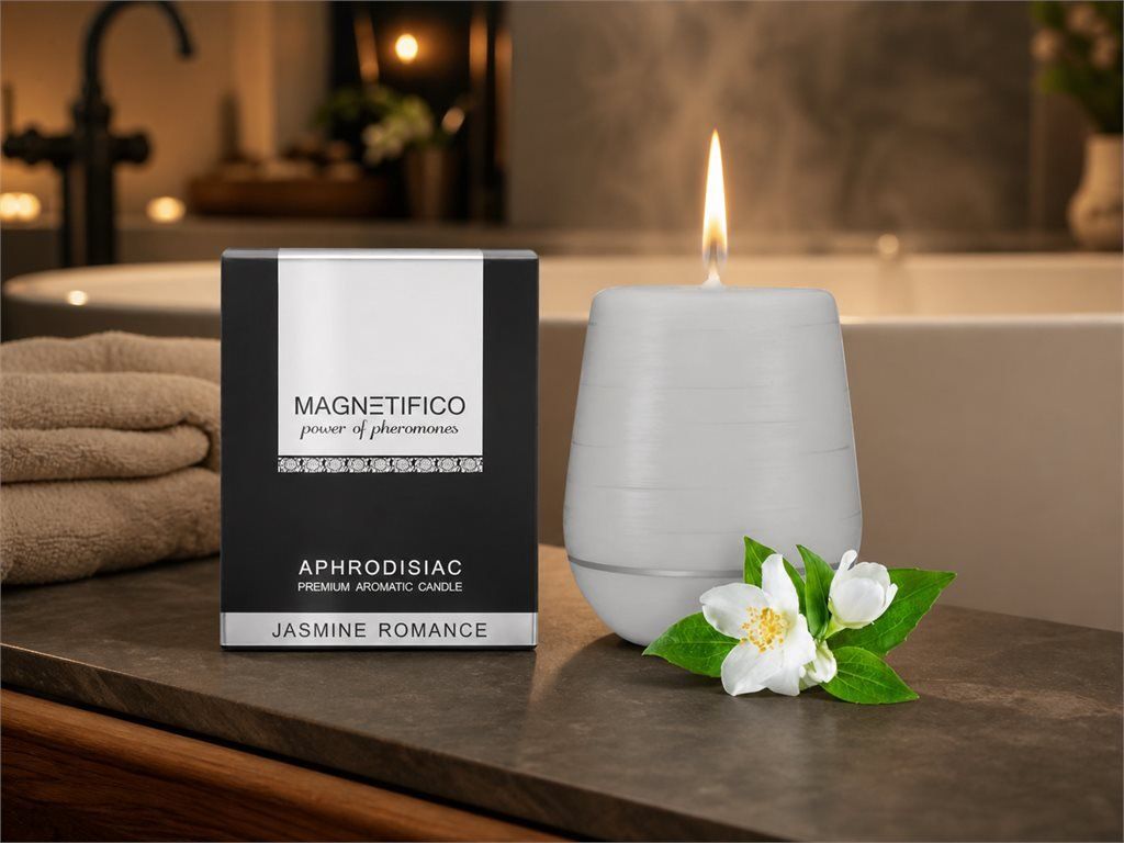 Jasmínová svíčka Magnetifico Jasmine Romance při relaxaci v koupelně